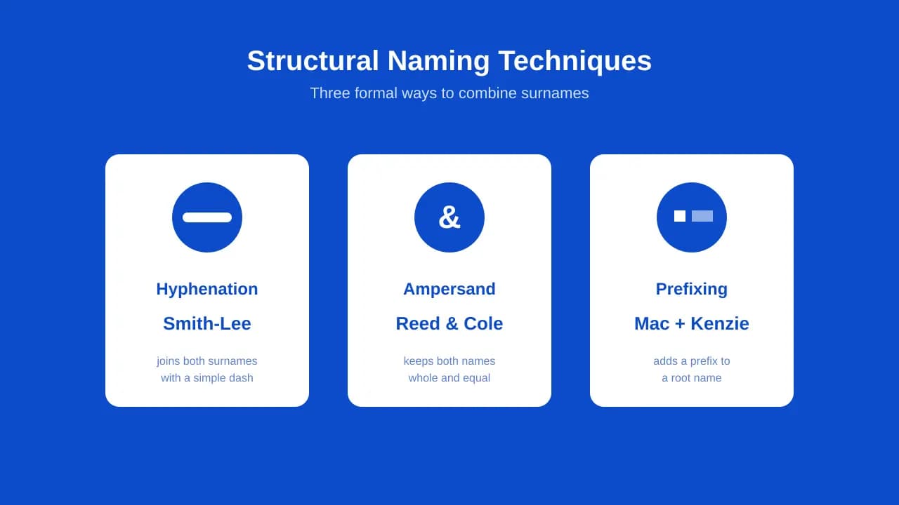 Hyphenation, ampersand, and prefixing techniques for combining two surnames.